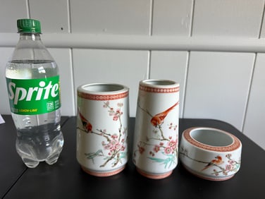 Set Of 3 Chinese Enamel Famille Rose Porcelain Scholar Vases