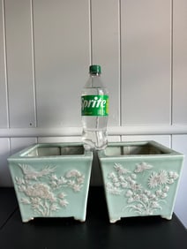Pair Of Chinese Green Glazed Square Porcelain China Vases