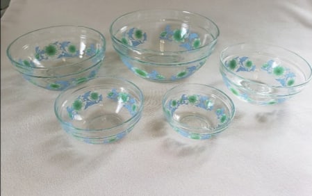 Vintage Imperial Glass Blue/Green Floral Nesting Bowls