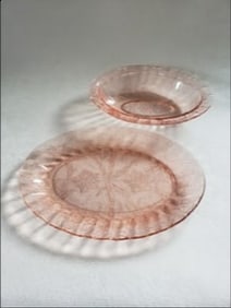 Vintage Jeanette Pink Glass Floral Platter & Bowl