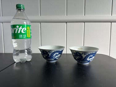 Pair Of Chinese Blue And White Dragons Bowls Mark