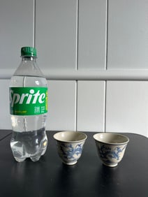 Pair Of Chinese Crack Glazed Blue And White Cups China Dragon Bowls