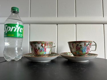 Set Of 2 Chinese Famille Rose Porcelain Bowl With Cups