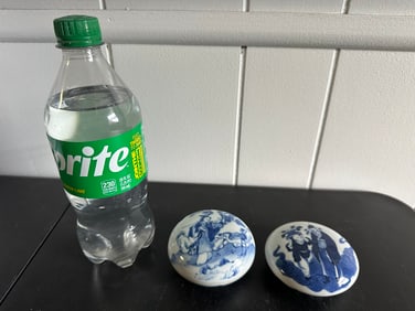 Set Of 2 Chinese Blue And White Figure Porcelain Ink Box Mark