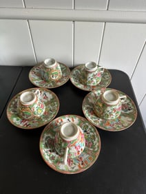 Set Of 5 Chinese Famille Rose Tea Cup & Saucer