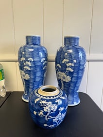 Set Of 3 Chinese Blue And White Plum Blossom Vases