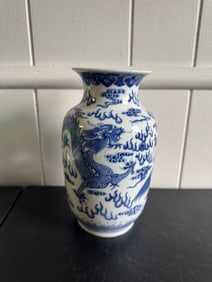 Chinese Blue And White Porcelain Dragons China Vase Six Characters Mark