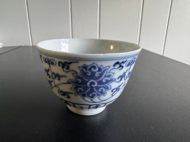Chinese Blue And White Lotus Porcelain Cup Four China Characters Mark