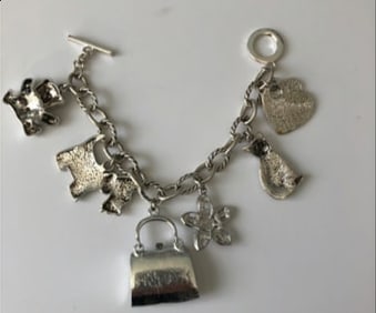 Vtg Chuncky Silver Tone Charm Bracelet Whimsicle Oversize Purse Dog Cat Flower
