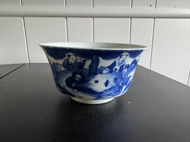 Chinese Blue And White Scene Porcelain Bowl China Characters Mark