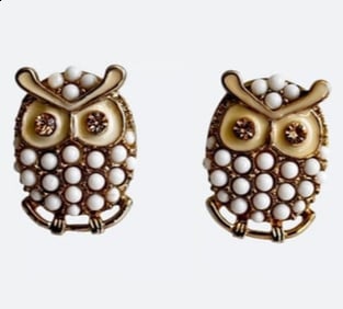 Vintage Owl Earrings Stud Gold Tone Rhinestones Enamel Metal