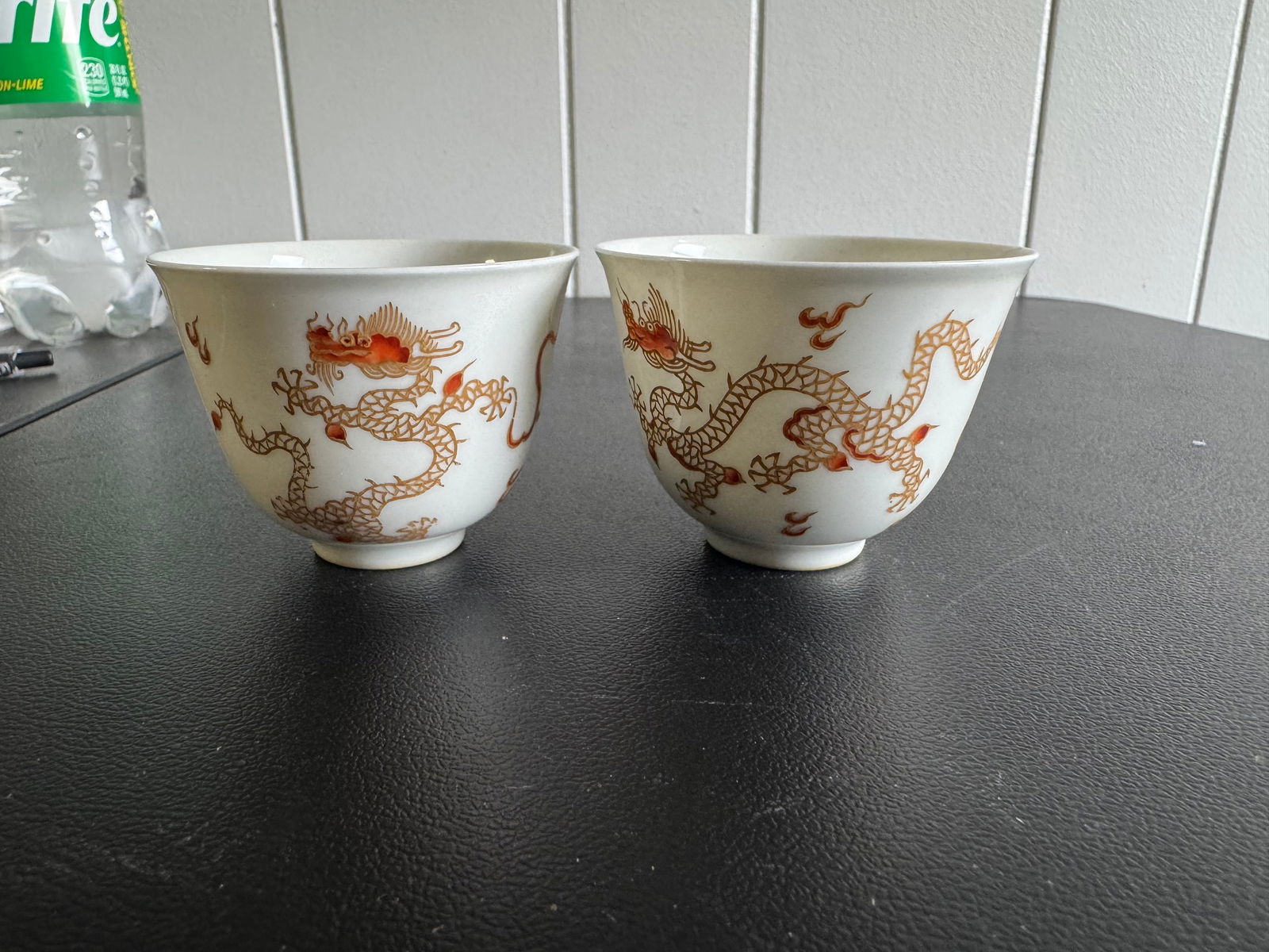 Pair Of Chinese Famille Rose Gilded Dragons China Cup Blue And White Characters Mark (1 of 8)