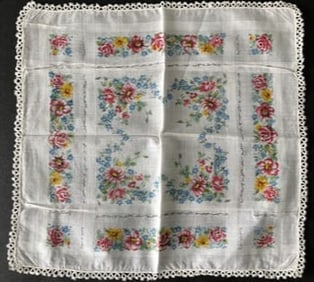50s VINTAGE Printed Lace Hanky Chintz Floral Flowers Handkerchief Hankie
