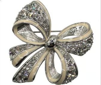 Nolan Miller Bow Pin Brooch Rhinestone Enamel Silver Tone