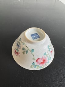 Chinese Enameled Famille Rose Porcelain Bowl Blue And White Characters Mark