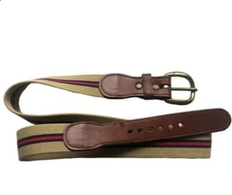 Vintage Preppy Belt Web Stripes Brass Leather Beige Blue Red