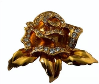 Vintage Avon Rose Passion Clear Rhinestone Gold Tone Flower Pin Brooch