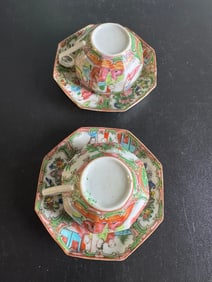 Pair Chinese Famille Rose Egg Shell Porcelain Cups & Saucers