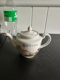 Chinese Green Famille Rose Landscape Porcelain China Teapot