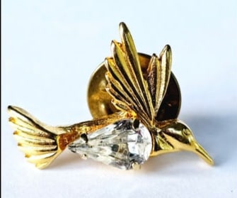 Vintage Gold Tone Hummingbird Brooch With Large Pear Cut Rhinestone
