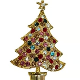 Christmas Tree Brooch Pin Multicolored Rhinestones Gold Tone Metal