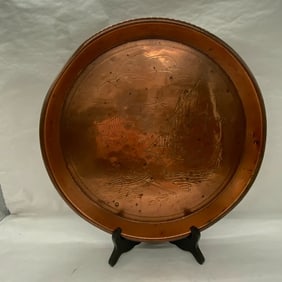 Art Nouveau Copper Tray JS&S Naughtical Scene Ships Boats Lighthouse Vintage