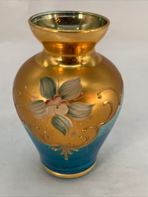 Blue Glass Vase Overpainted Gold With Raised Flower Head