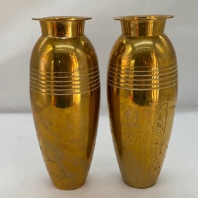 2 x Vintage Brass Bud Vases Trench Art Style Vintage Deco Shape