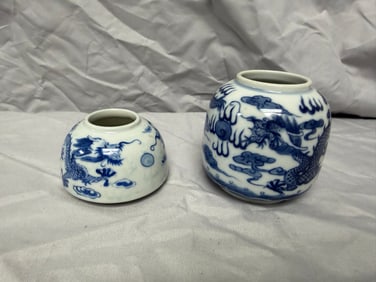 Set Of 2 Chinese Blue And White Dragons Porcelain Water Pots
