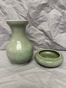 Set Of 2 Chinese Green Glazed Porcelain Vase water pot