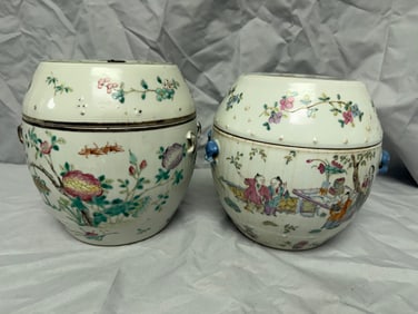 Set Of 2 Chinese Enameled Famille Rose Porcelain Lid Jar