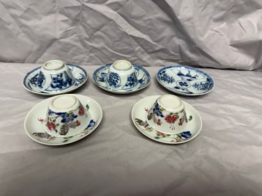 Set Of 4 Chinese blue and white famille rose porcelain saucers and cups and one more saucer