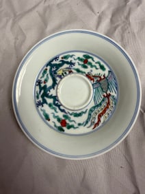 Chinese Blue And White & Enameled Famille Rose Dragon Phoenix Porcelain Plate China Characters Mark