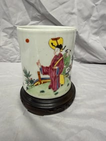 Chinese Enameled Famille Rose Scene Porcelain Brush Pot