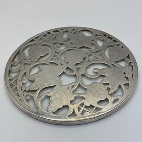 Silver Metal Overlaid Glass Trivet Pot Stand Art Nouveau Grape Vine