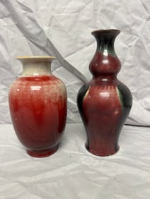 Set of 2 Chinese Ice Crack Red Glazed Porcelain Vases