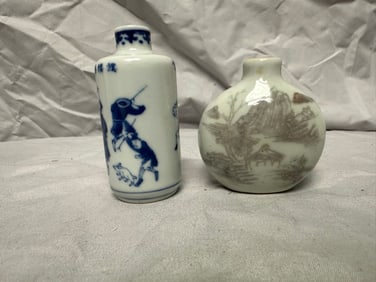 Set Of 2 Chinese Blue And White Famille Rose Porcelain Snuff Bottles