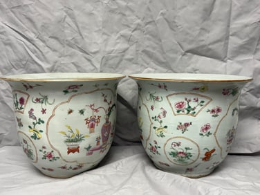 Set Of 2 Chinese Enameled Famille Rose Porcelain Flowers Pots