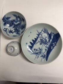 Set of 3 Chinese blue and white porcelain plate and bowls