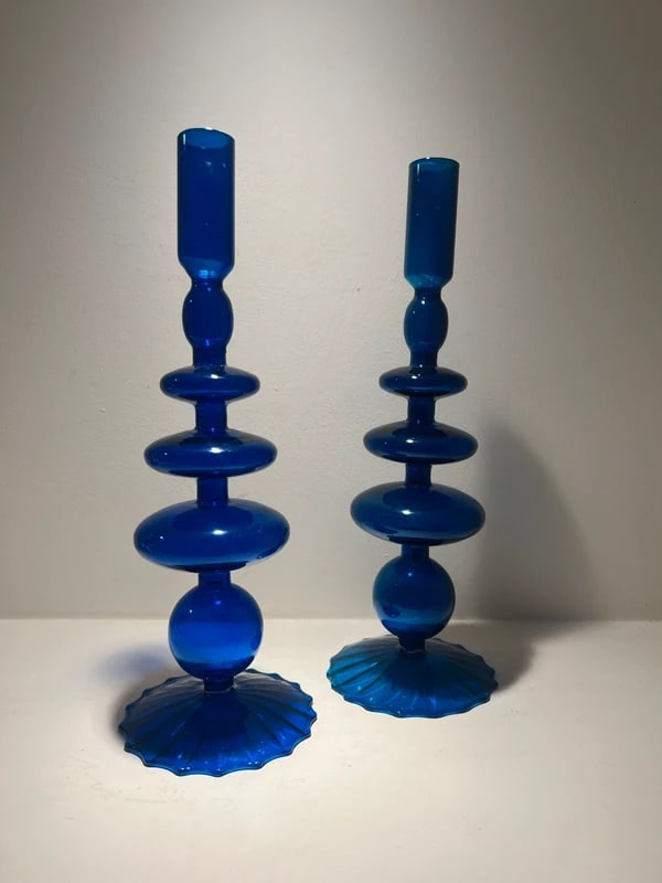 Pair of Cobalt handmade glass candlesticks (1 of 2)