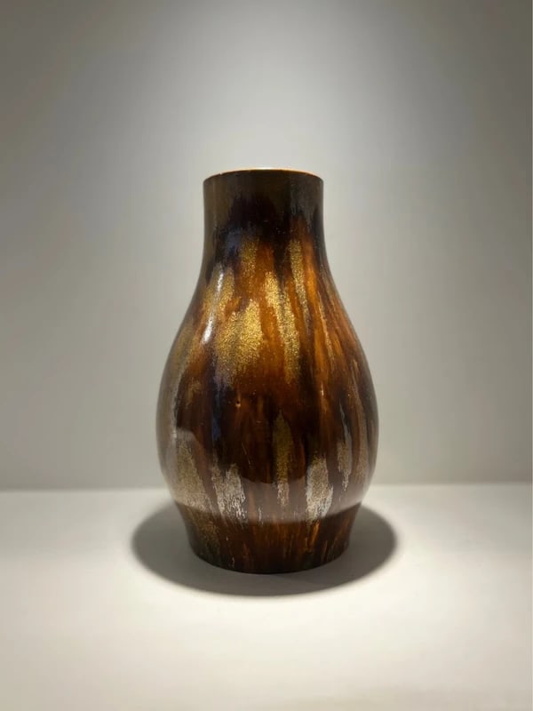 vintage ceramic vase drip glazed brown gold orange (1 of 2)