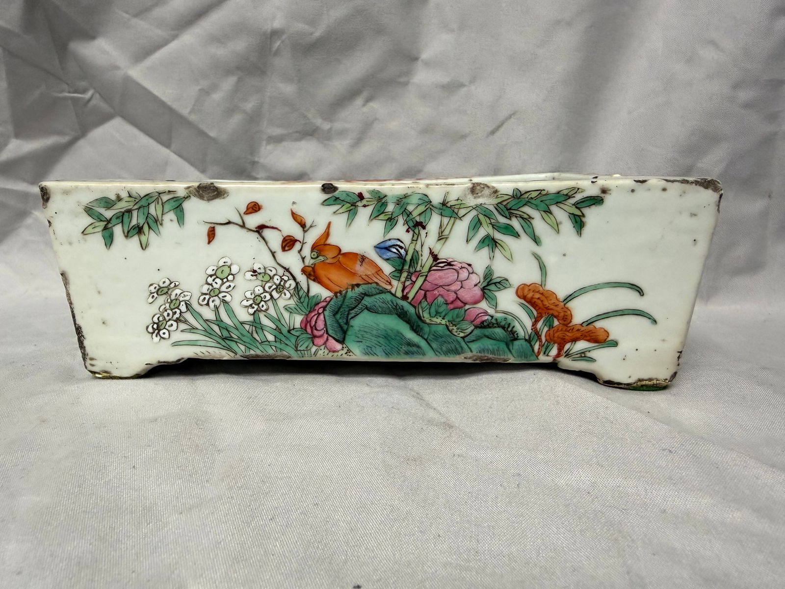 Chinese Antique Enameled Famille Rose Porcelain Square China Flowers Pot (1 of 8)