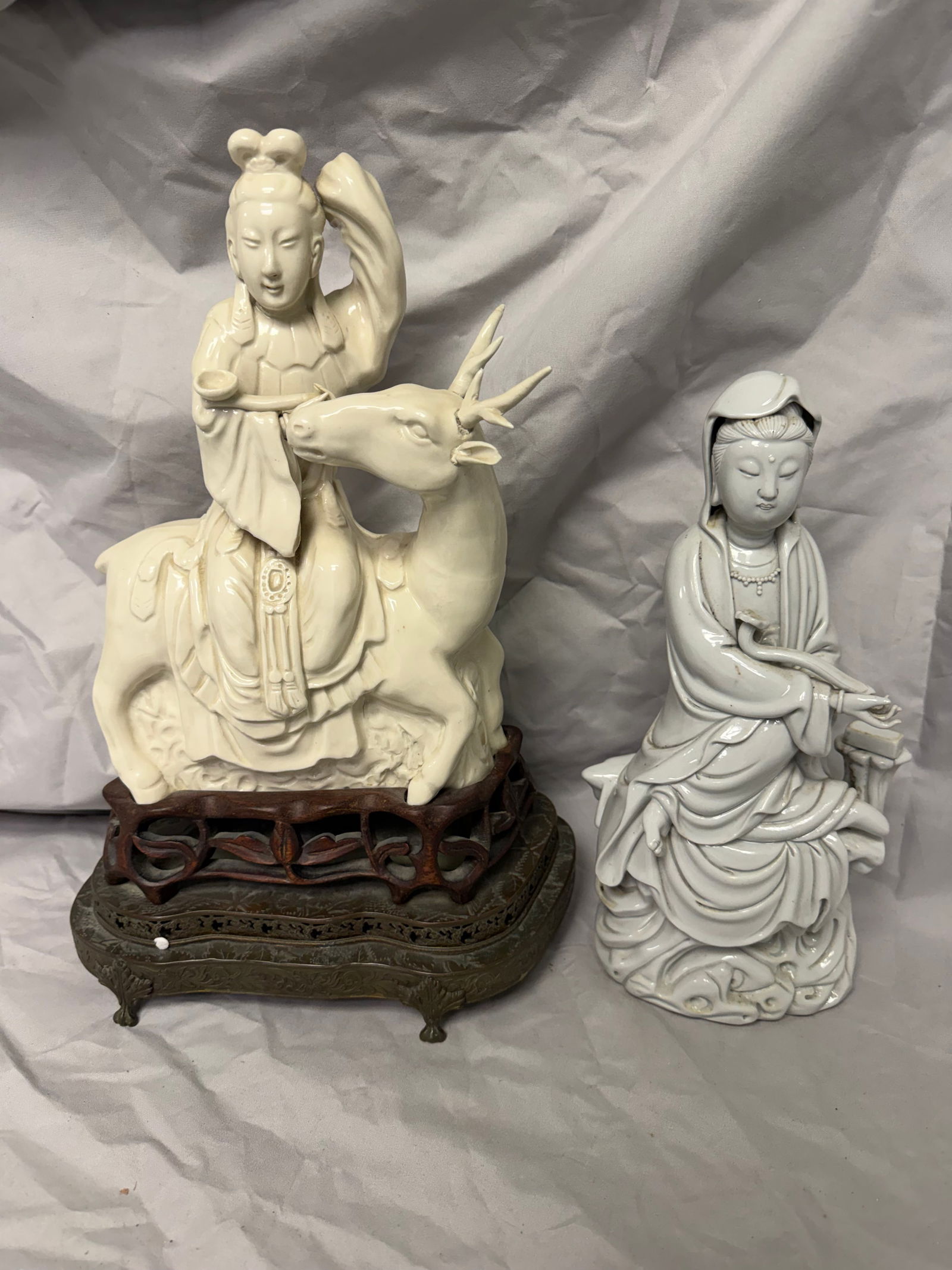 Set Of 2 Chinese Porcelain Dehua Guanyin Sculptures: Size: Tall 13-16 inch, 33-40.6 cm. Provenance: From Elkton MD collector. We can offer Affordable, Reliable packing and shipping to all over the world for most items, generally save 10% than UPS store