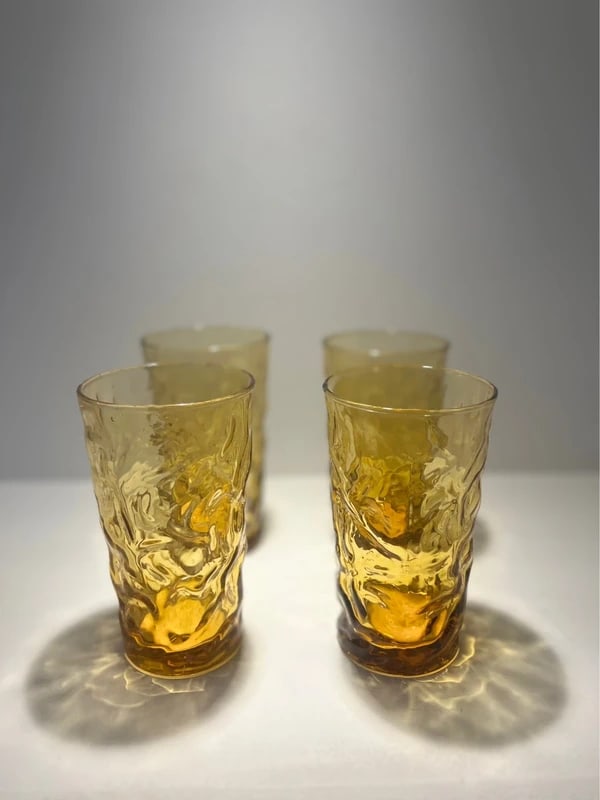 a set of vintage Libbey Aztec Gold crinkle textured juice glasses: Size:8 inch. Provenance: From Baltimore MD collector. We can offer Affordable, Reliable packing and shipping to all over the world for most items, generally save 10% than UPS store or more, feel free