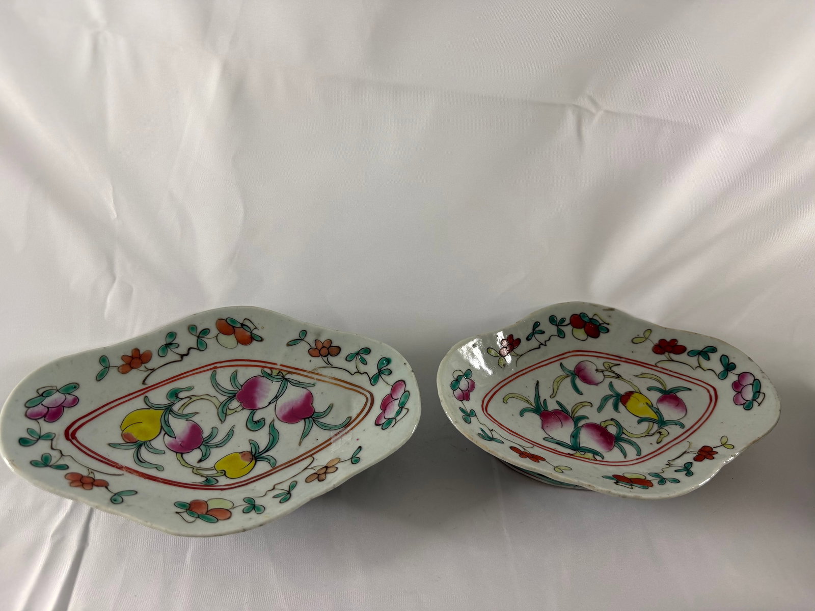 Pair of Chinese enameled famille rose China porcelain Foot Plates: Size: 8.5 inches/ 21.6 cm. Provenance: From Hockessin DE collector. We can offer Affordable, Reliable packing and shipping to all over the world for most items, generally save 10% than most shipper or