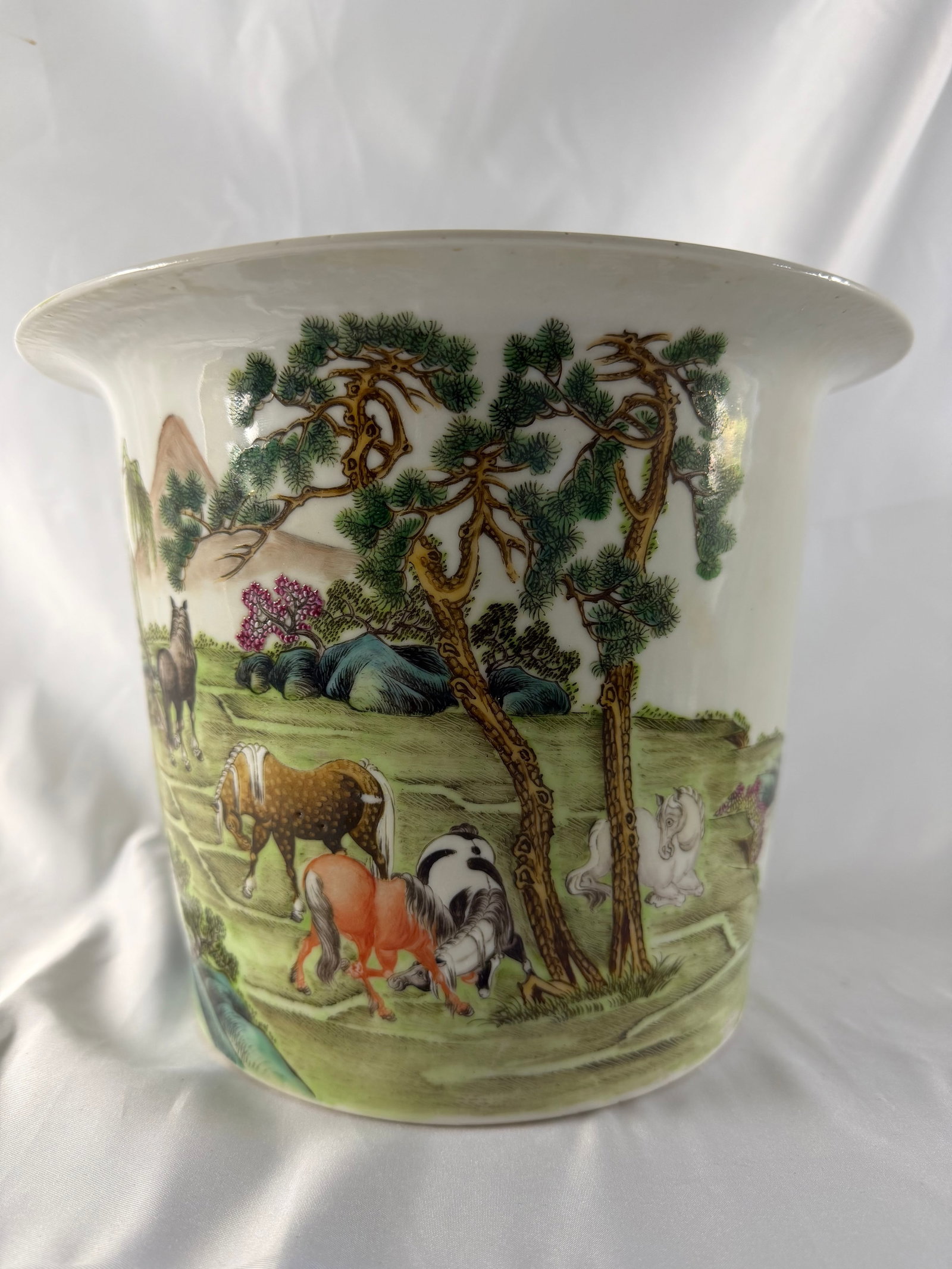 Chinese enameled famille rose Porcelain China landscape and horses flowers pot blue characters mark: Size: 9.8 inches/ 25 cm. Provenance: From Edison NJ collector. We can offer Affordable, Reliable packing and shipping to all over the world for most items, generally save 10% than most shipper or more