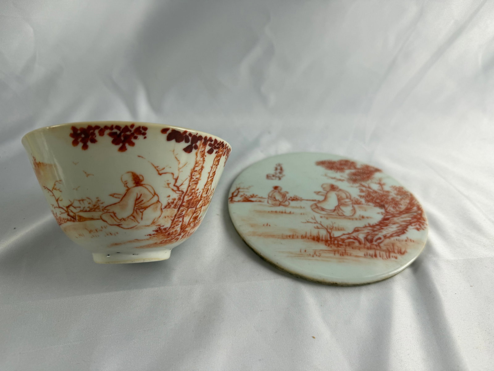 Chinese enameled famille rose red landscape scholar Porcelain China cup and small plaque set: Size: width 4.3-5.3 inches/ 10.9-13.3 cm. Provenance: From York PA collector. We can offer Affordable, Reliable packing and shipping to all over the world for most items, generally save 10% than most 