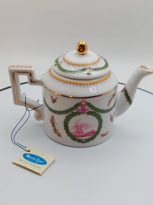 Porcelain Art Miniature Teapot with label vintage pink windmill (1 of 3)