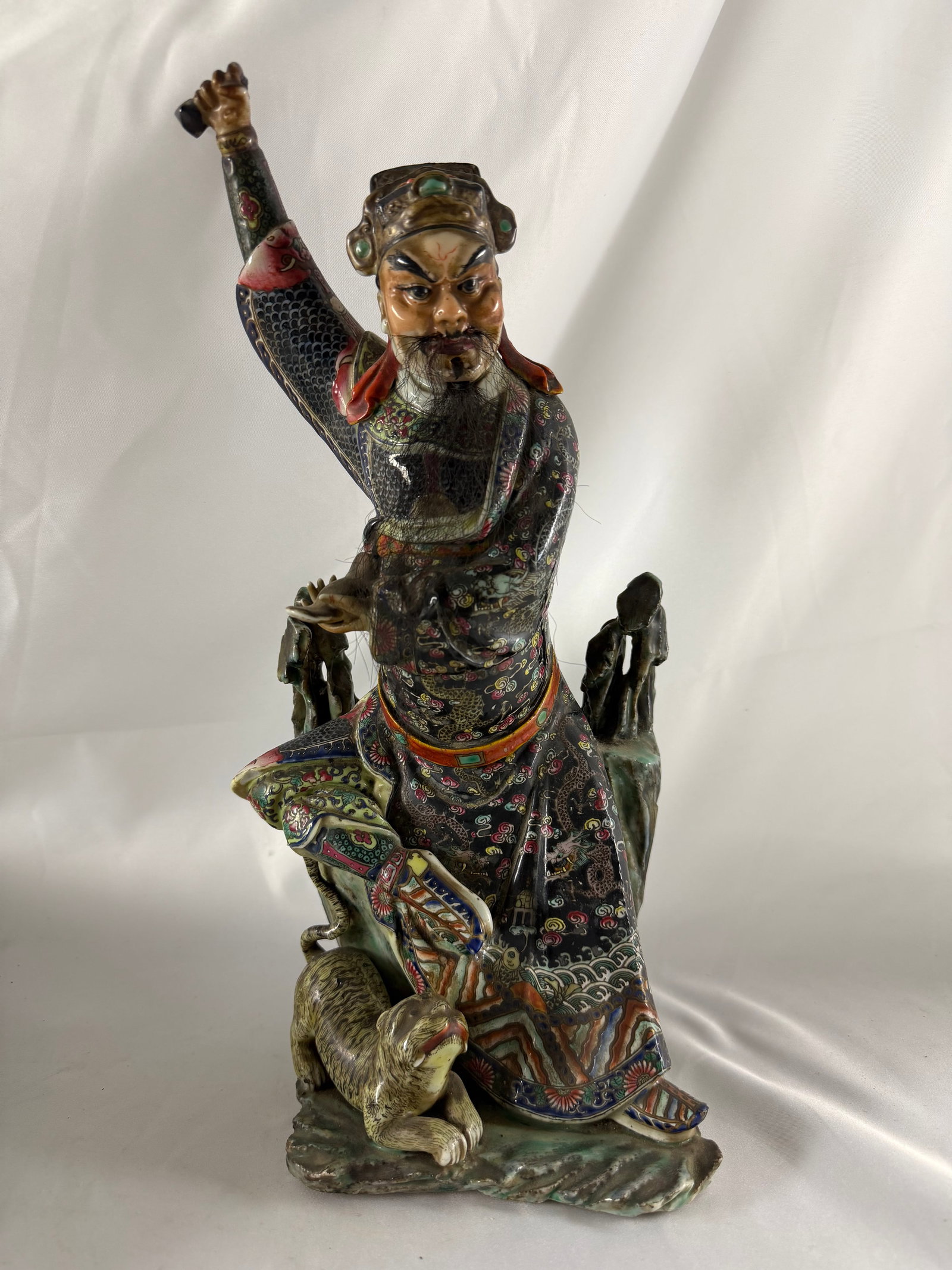 Chinese enameled famille rose man and tiger Porcelain China statue (1 of 7)