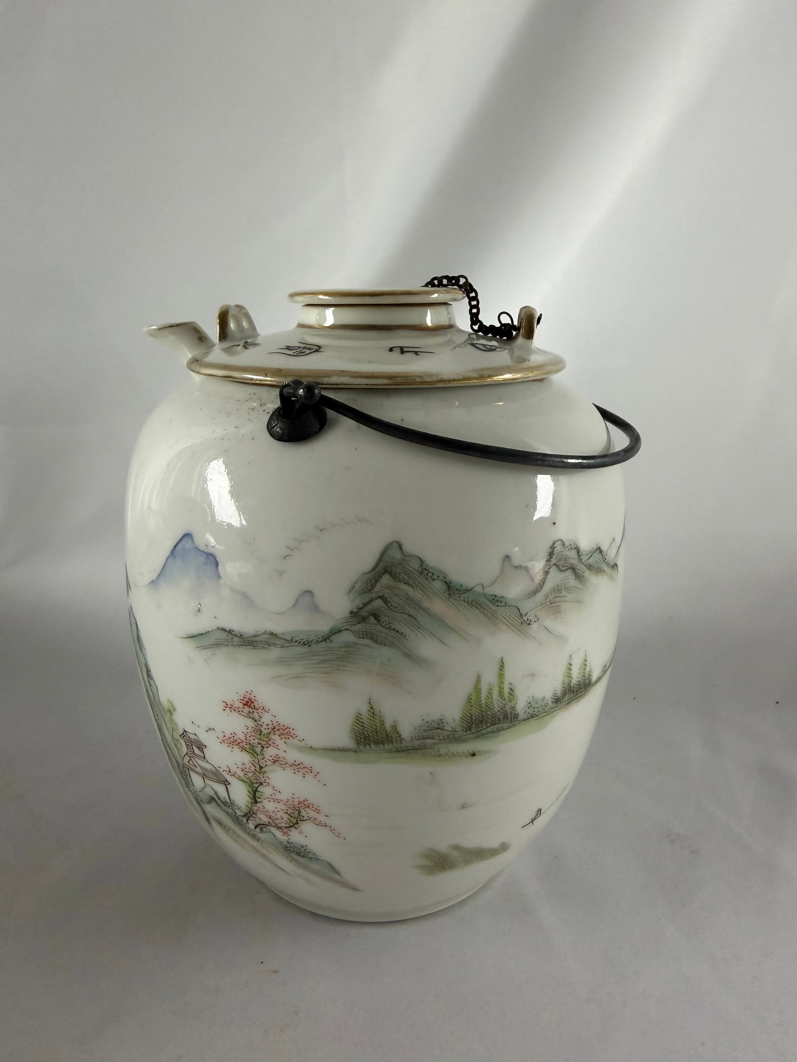 Chinese enameled famille rose landscape Porcelain China teapot pot: Size: 6 inches/ 15.3 cm. Provenance: From North East MD collector. We can offer Affordable, Reliable packing and shipping to all over the world for most items, generally save 10% than most shipper or